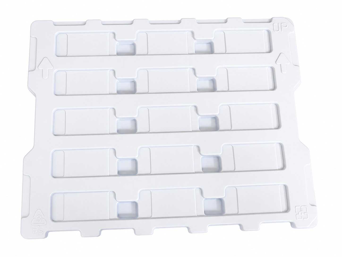 白色自動化用 Tray 盤角度照片，展示卡槽與方向箭頭