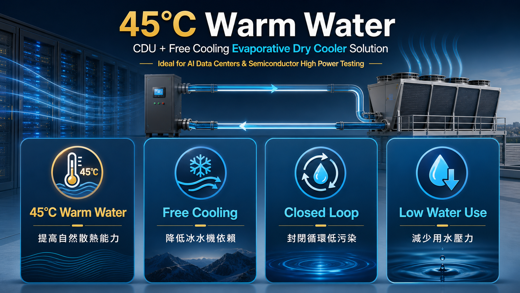 45°C 溫水 CDU 與蒸發式乾冷器四大優勢 4K 意像圖：自然散熱、降低冰水機依賴、封閉循環與低用水