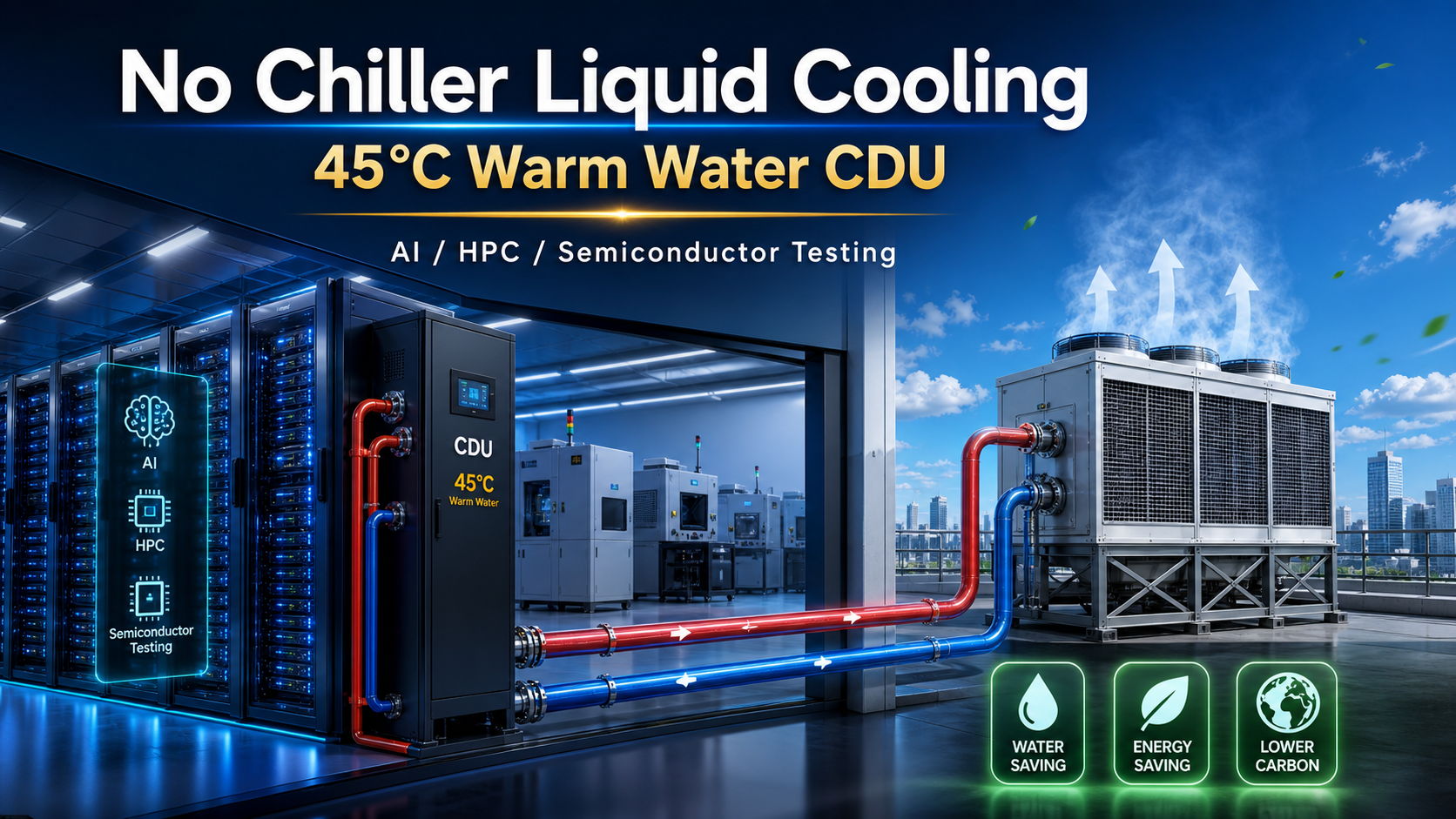 宸軒科技 No Chiller AI 液冷節能方案 4K 意像圖，包含 45°C 溫水 CDU、蒸發式乾冷器與封閉循環