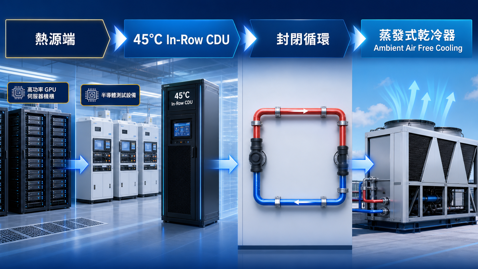 AI 液冷系統架構 4K 意像圖：熱源端、45°C In-Row CDU、封閉循環與蒸發式乾冷器